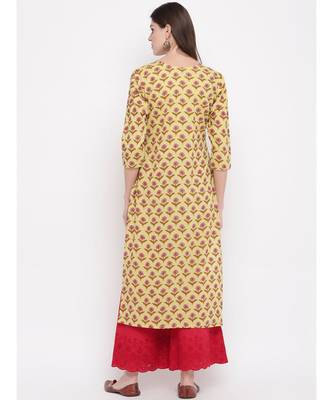 Women's Printed,Gota Patti Work, Sequience Work Straight Cotton Yellow Kurti 4