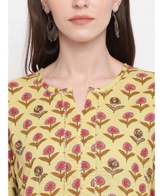 Women's Printed,Gota Patti Work, Sequience Work Straight Cotton Yellow Kurti 5
