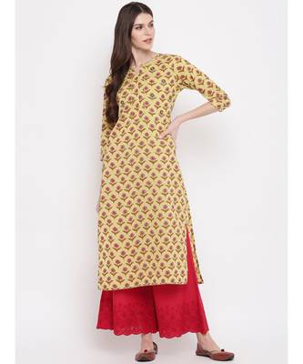 Women's Printed,Gota Patti Work, Sequience Work Straight Cotton Yellow Kurti 6