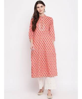 Women's Printed, Lace Work Straight Cotton Light Orange Kurti 1