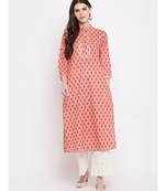 Women's Printed, Lace Work Straight Cotton Light Orange Kurti