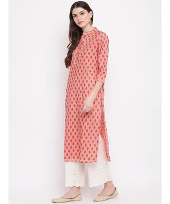 Women's Printed, Lace Work Straight Cotton Light Orange Kurti 2
