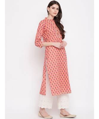 Women's Printed, Lace Work Straight Cotton Light Orange Kurti 3