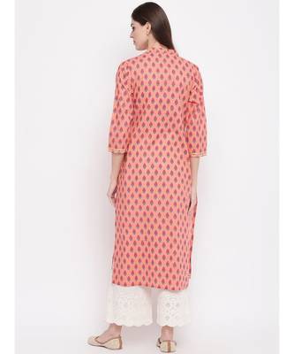 Women's Printed, Lace Work Straight Cotton Light Orange Kurti 4
