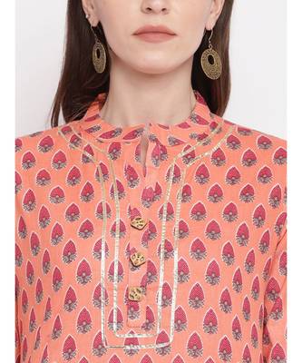 Women's Printed, Lace Work Straight Cotton Light Orange Kurti 5