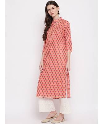 Women's Printed, Lace Work Straight Cotton Light Orange Kurti 6
