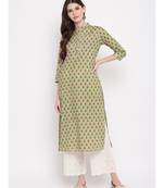 Women's Printed, Lace Work Straight Cotton Parrot Green Kurti