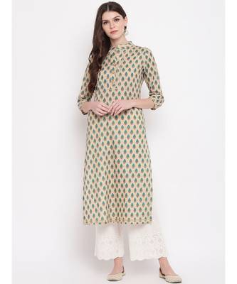 Women's Printed, Lace Work Straight Cotton Cream Kurti 1