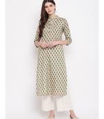 Women's Printed, Lace Work Straight Cotton Cream Kurti