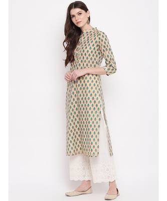 Women's Printed, Lace Work Straight Cotton Cream Kurti 2