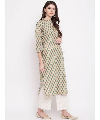 Women's Printed, Lace Work Straight Cotton Cream Kurti 3