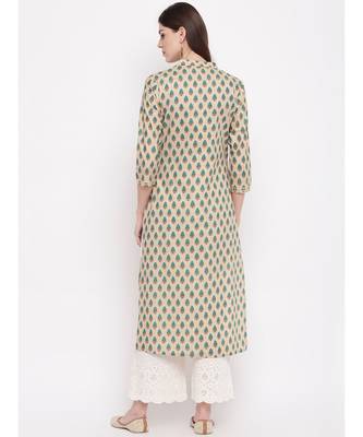 Women's Printed, Lace Work Straight Cotton Cream Kurti 4