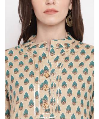 Women's Printed, Lace Work Straight Cotton Cream Kurti 5