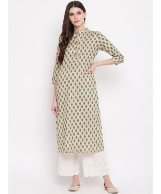 Women's Printed, Lace Work Straight Cotton Cream Kurti 6