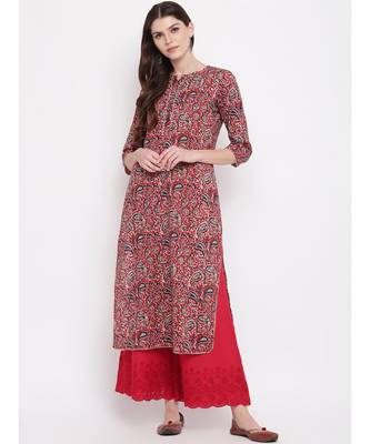Women's Kalamkari Print Straight Cotton Red Kurti 1