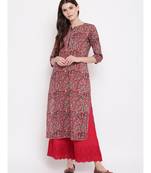 Women's Kalamkari Print Straight Cotton Red Kurti