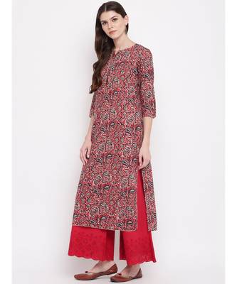 Women's Kalamkari Print Straight Cotton Red Kurti 2