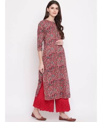 Women's Kalamkari Print Straight Cotton Red Kurti 3