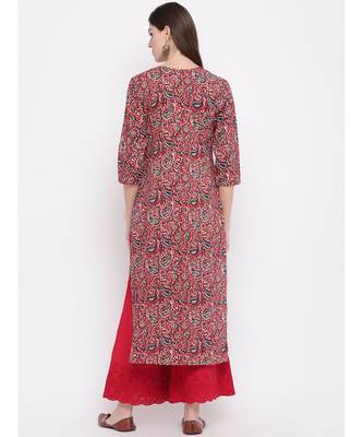 Women's Kalamkari Print Straight Cotton Red Kurti 4