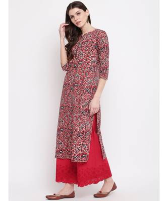 Women's Kalamkari Print Straight Cotton Red Kurti 6