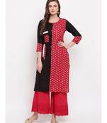 Women's Floral Print Straight Cotton Bland Red & Black Kurti