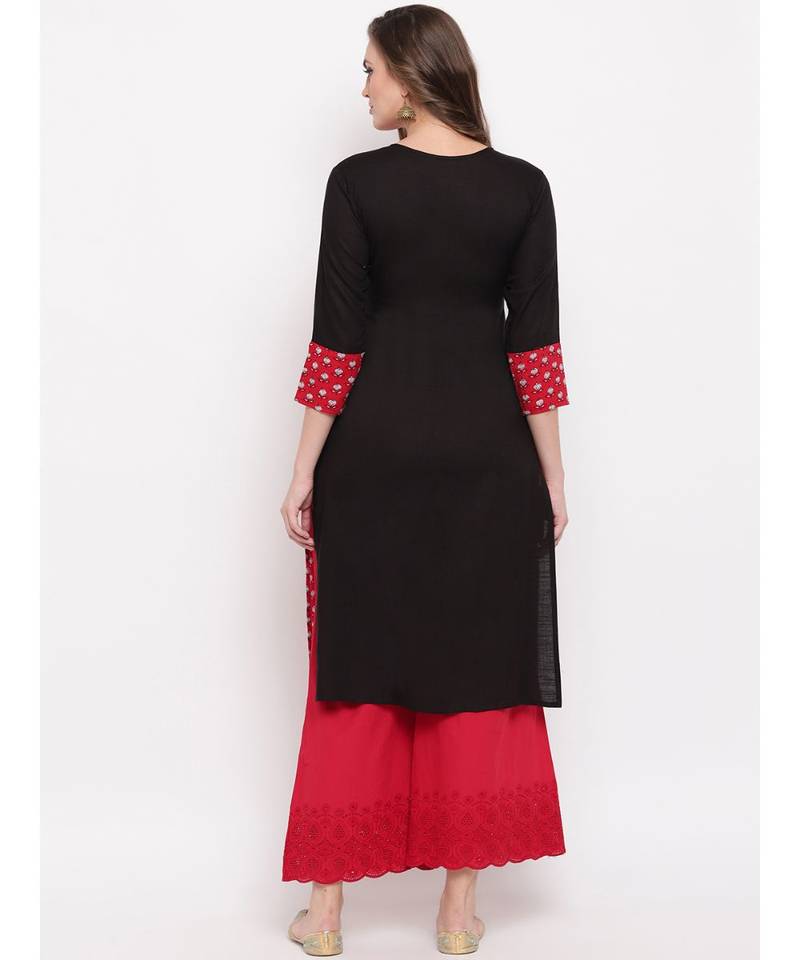 Women's Floral Print Straight Cotton Bland Red & Black Kurti