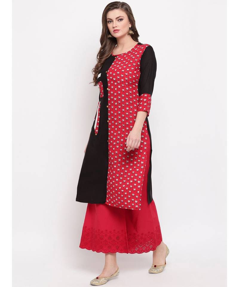 Women's Floral Print Straight Cotton Bland Red & Black Kurti