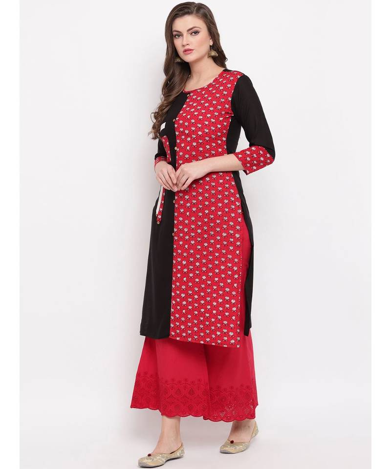 Women's Floral Print Straight Cotton Bland Red & Black Kurti