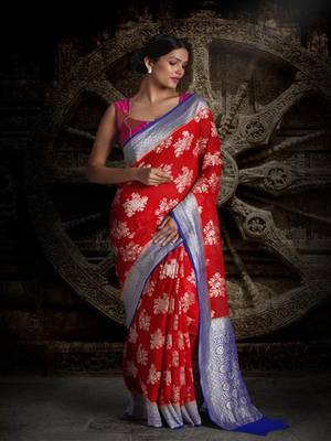 Red Royal Blue Pure Chiffon Banarasi Silk Saree 1