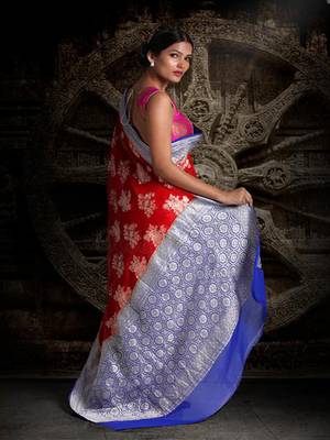Red Royal Blue Pure Chiffon Banarasi Silk Saree 2