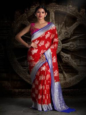 Red Royal Blue Pure Chiffon Banarasi Silk Saree 3