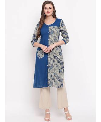 Women's Prinred Straight Cotton Blue Kurti 1