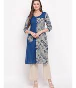 Women's Prinred Straight Cotton Blue Kurti