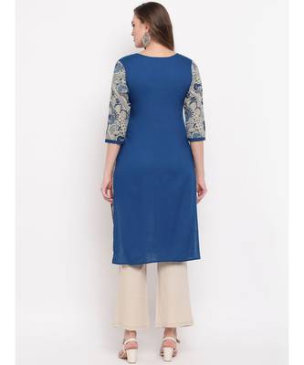 Women's Prinred Straight Cotton Blue Kurti 2