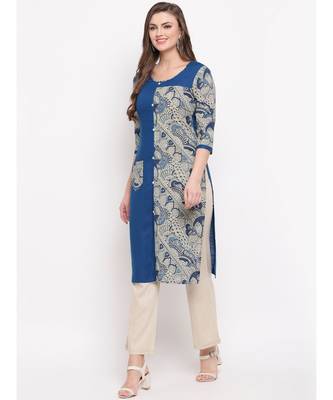 Women's Prinred Straight Cotton Blue Kurti 3