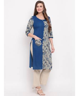 Women's Prinred Straight Cotton Blue Kurti 4