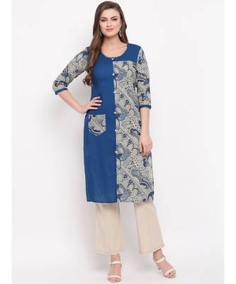 Women's Prinred Straight Cotton Blue Kurti 6