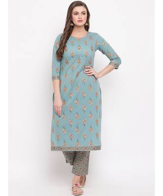 Women'S Foil Print Straight Cotton Turquoise Kurti With Palazzo 1