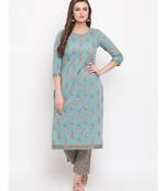 Women'S Foil Print Straight Cotton Turquoise Kurti With Palazzo