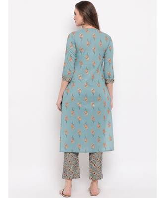 Women'S Foil Print Straight Cotton Turquoise Kurti With Palazzo 2