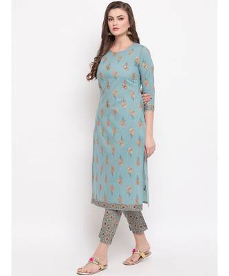 Women'S Foil Print Straight Cotton Turquoise Kurti With Palazzo 3