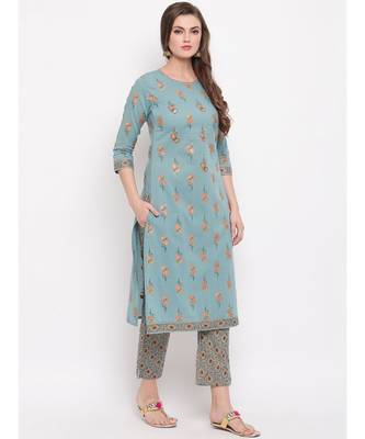 Women'S Foil Print Straight Cotton Turquoise Kurti With Palazzo 4