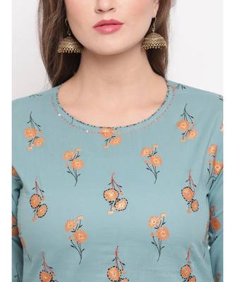 Women'S Foil Print Straight Cotton Turquoise Kurti With Palazzo 5