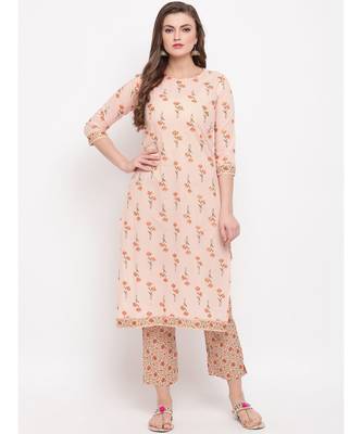 Women'S Floral Print Straight Cotton Peach Kurti With Palazzo 1