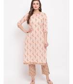 Women'S Floral Print Straight Cotton Peach Kurti With Palazzo
