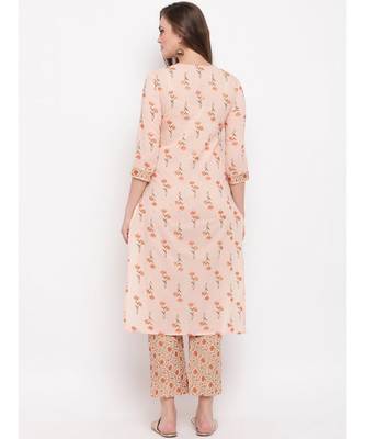 Women'S Floral Print Straight Cotton Peach Kurti With Palazzo 2