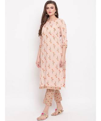 Women'S Floral Print Straight Cotton Peach Kurti With Palazzo 3
