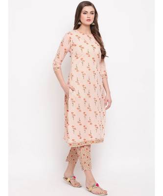 Women'S Floral Print Straight Cotton Peach Kurti With Palazzo 4