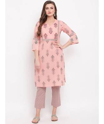 Women'S Printed/Handwork Straight Cotton Light Pink Kurti With Palazzo 1