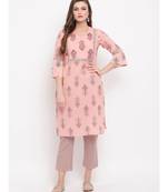 Women'S Printed/Handwork Straight Cotton Light Pink Kurti With Palazzo